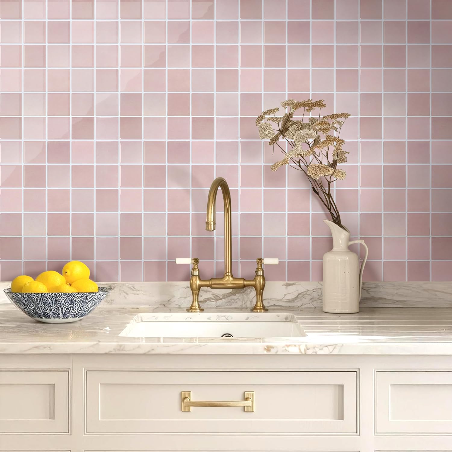 Piastrelle per paraschizzi rosa più spesse, 30,5 x 30,5 cm, adesivi 3D lucidi, quadrati, per cucina, bagno, in vinile, impermeabili, per pareti interne