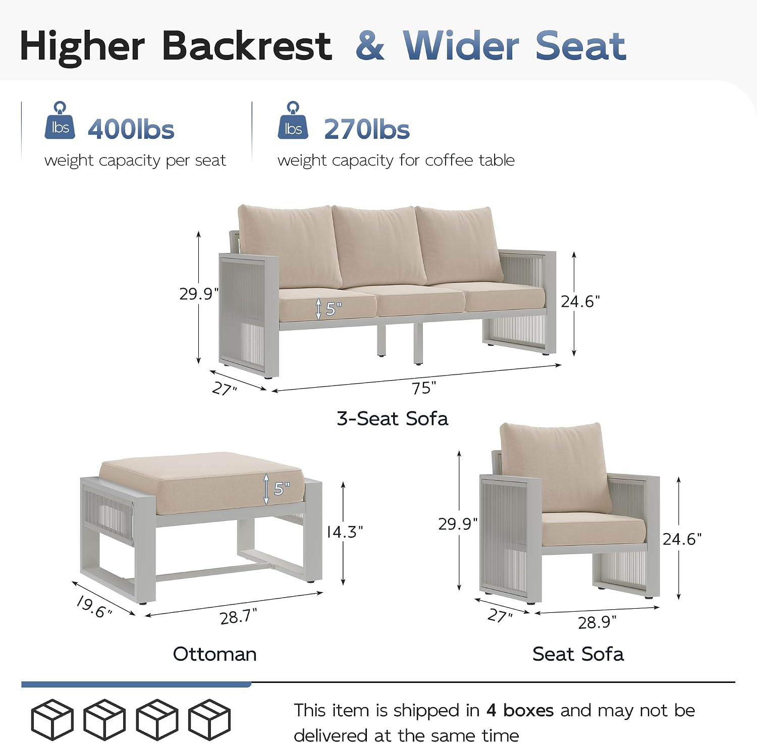 UDPATIO Aluminum Outdoor Furniture Set with Ottoman, 5 Piece Modern Patio Furniture Set, All Weather Patio Conversation Sets with Thickend Cushions, for Garden, Porch, Balcony, Light Grey/Beige
