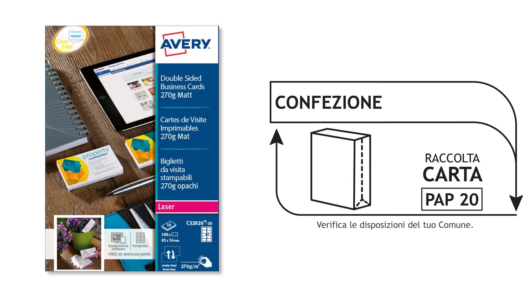 Avery Italia C32026-25 Biglietto da Visita, Stampabile Fronte/Retro, 10 Biglietti per Foglio, Confezione da 25 Pezzi, Bianco