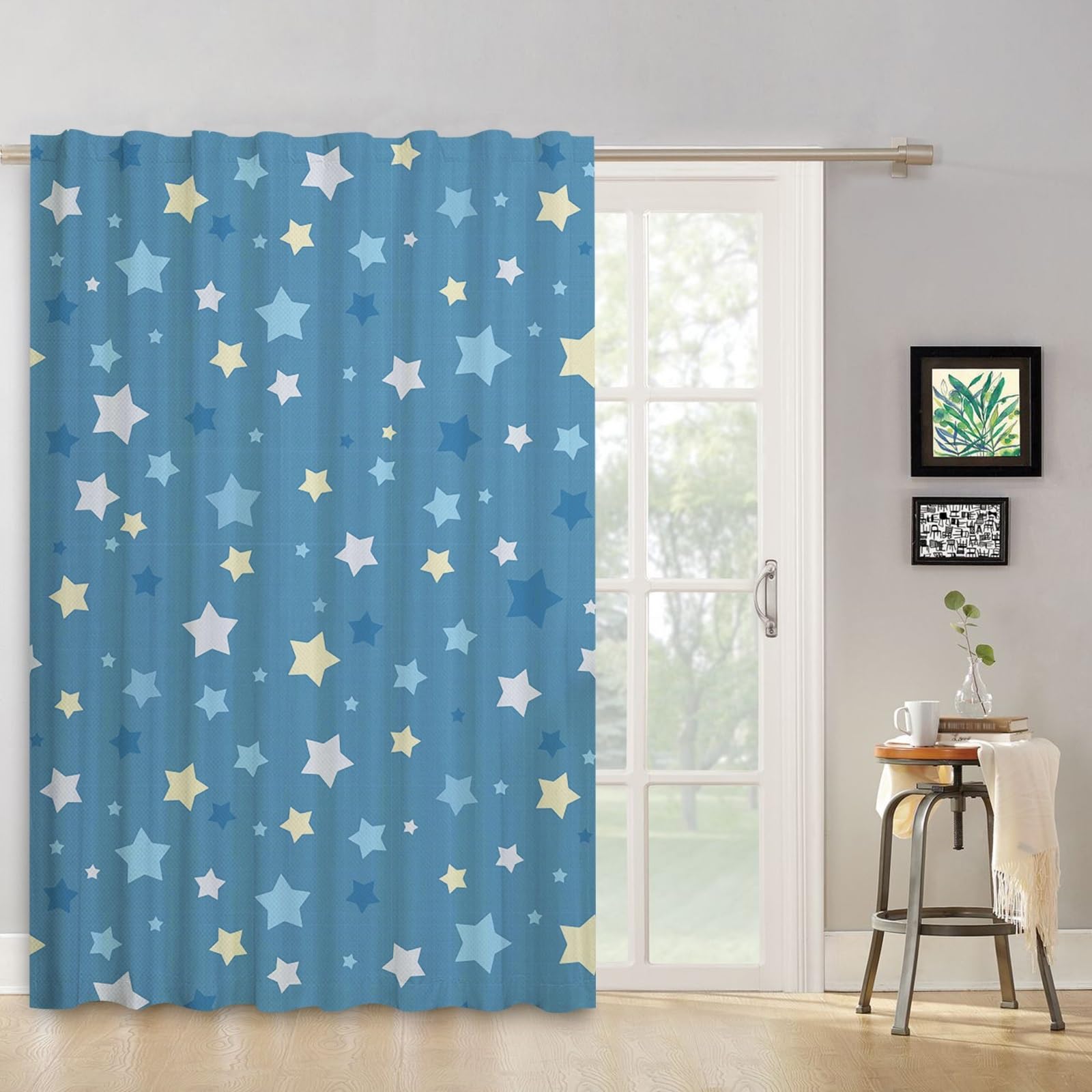 ggaimwf Star Curtains for Kids Bedroom Blue Stars Pattern Galaxy Cartoon Curtains Tape Top Window Door Curtains for Boys Baby Nursery Playroom Room Divider Rod Pocket Curtain 132x214cm 1 Panel - Image 3