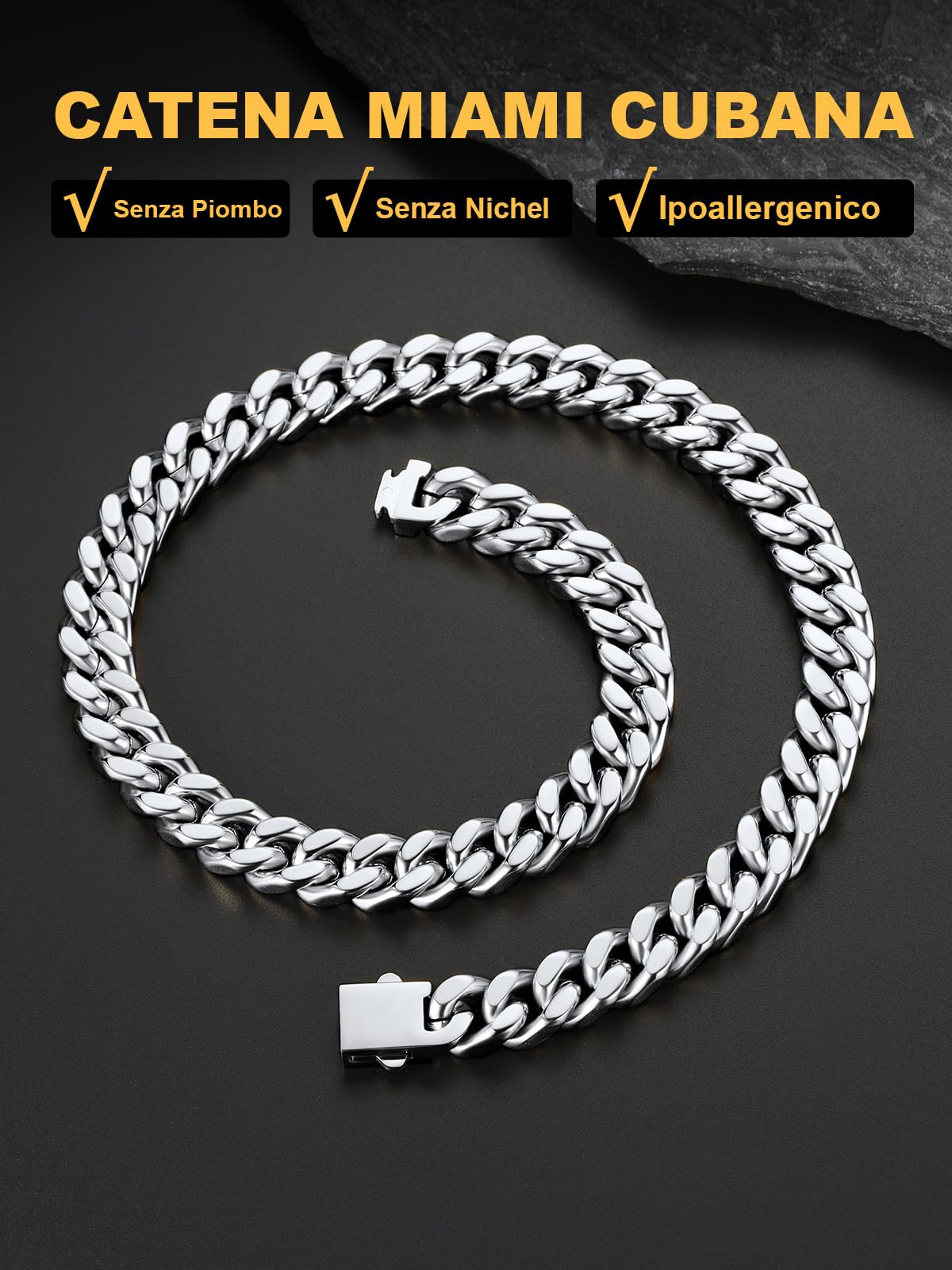 U7 Collana da uomo a catena cubana a maglia cubana in acciaio inossidabile larghezza 5/7/9/12 mm lunghezza 45-76cm colore argento placcato oro nero stile hip hop confezione regalo