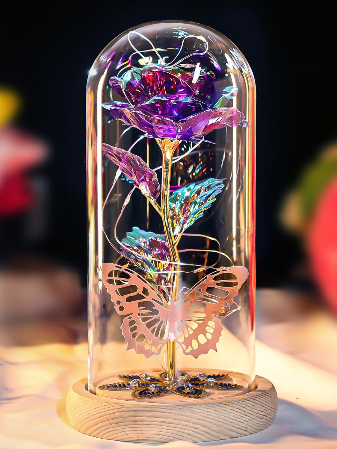 Beferr Valentines Day Rose Gifts for Her Women Mom, Galaxy Glass Rose Forever Preserved Flowers for Delivery Prime Rose in Glass Dome Valentine's Day Flower Gifts for Wife Daughter Anniversary Purple