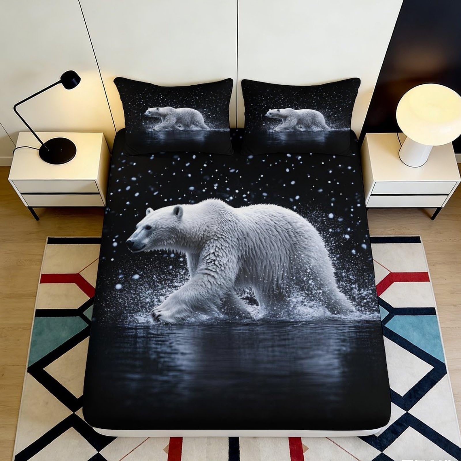 3D Printed Polar Bear Fitted Sheet Microfiber Soft Breathable Arctic Animal Bed Cover for Bedroom Dormitory Guest Room Mattress Protection Decor 200x200x25cm