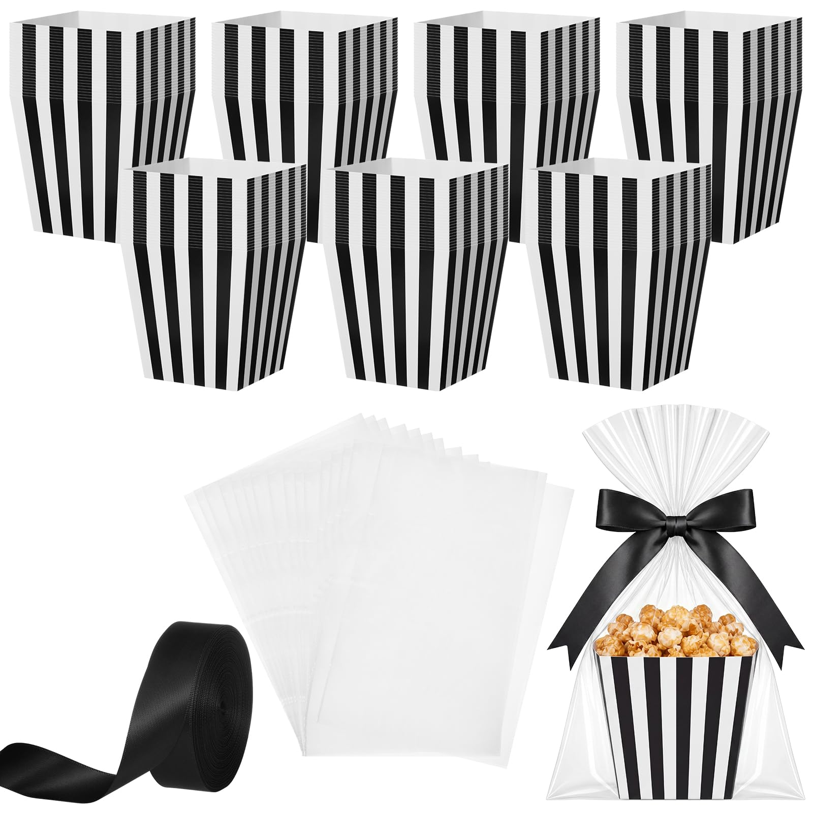 Pajean 24 Set Carnival Striped Popcorn Boxes with Gift Bags &amp; Ribbon, Black