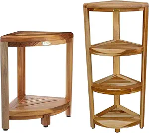 EcoDecors Teak Shower Stool & 4-Tier Shelf Bundle, 18 inches, 38 inches, Round, Durable, Woman-Owned Enterprise