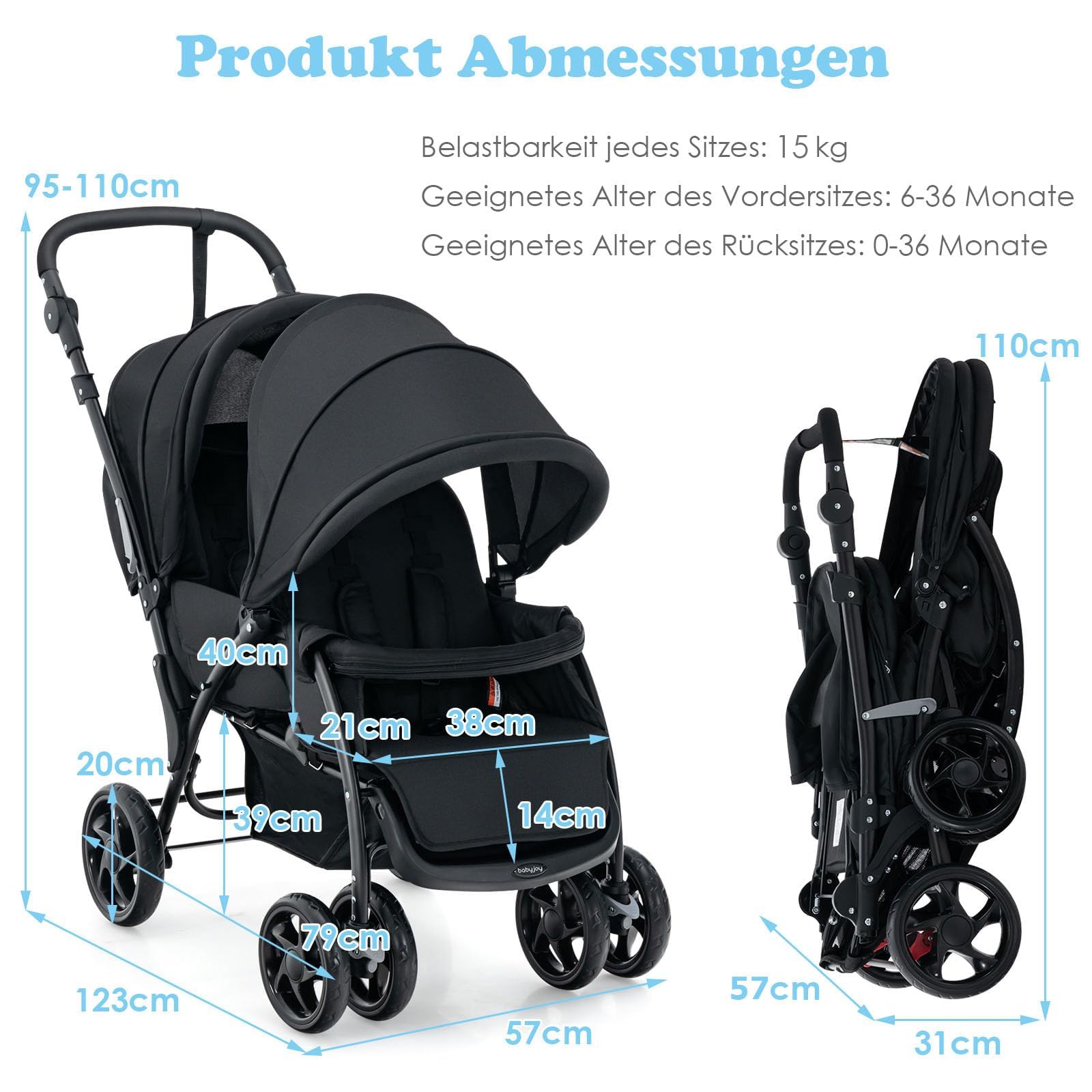 FANTASK Geschwisterwagen klappbar Zwillingswagen verstellbare Rückenlehne Verdeck Baby ab 6 Monate 30 kg Schwarz