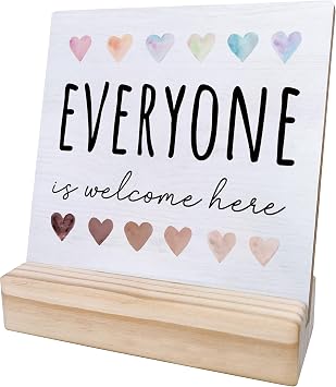 Everyone is Welcome Here Wooden Plaque Sign Desk Decor, LGBT Pride Wood Plaque with Wooden Stand, Pride Decor, Desk Decorative Sign for Home Office Classrooms-Wsign10