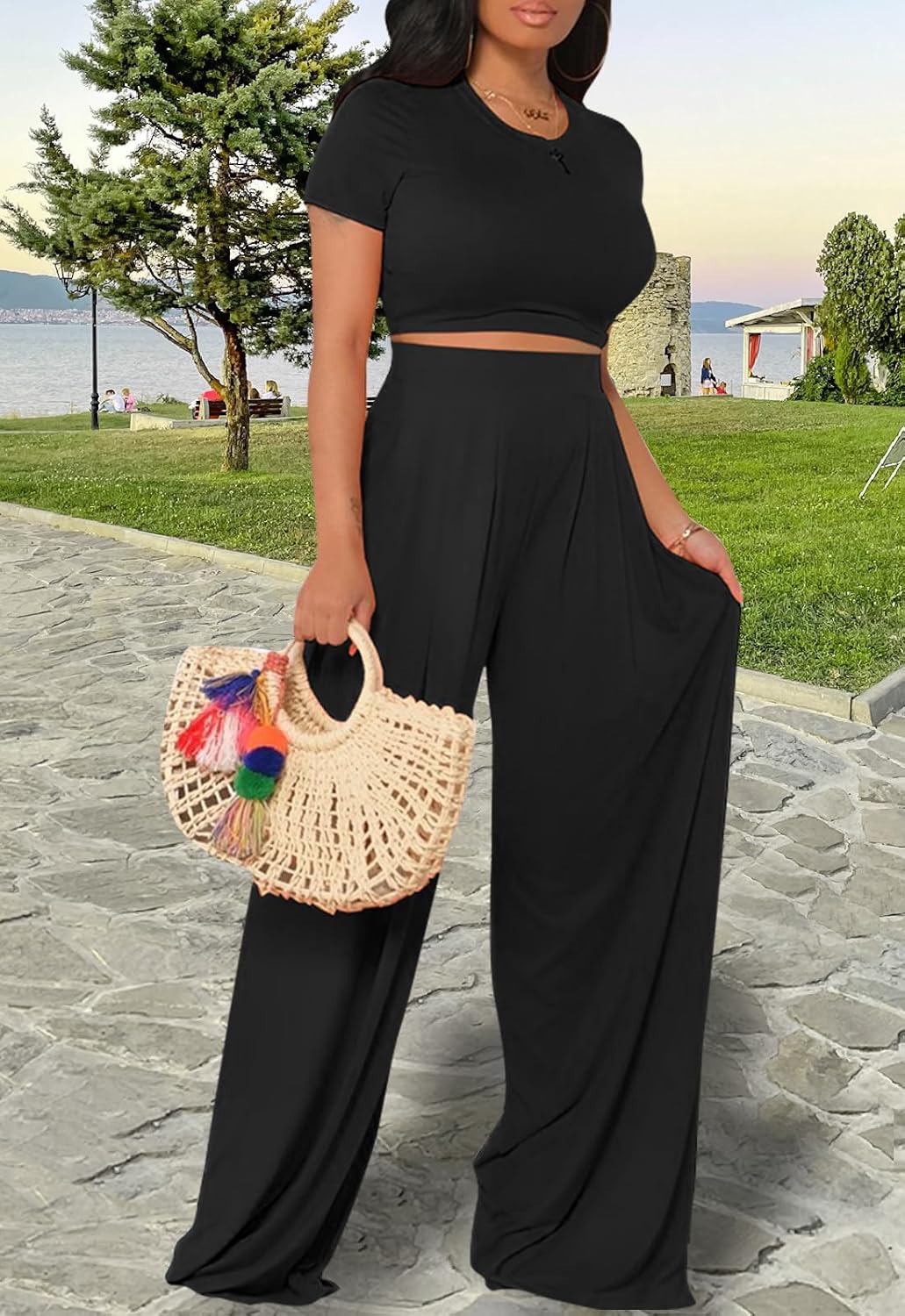 Women's Casual Summer 2 Piece Outfits Short Sleeve Crop Top Wide Leg Pants Set Jumpsuits - Image 6