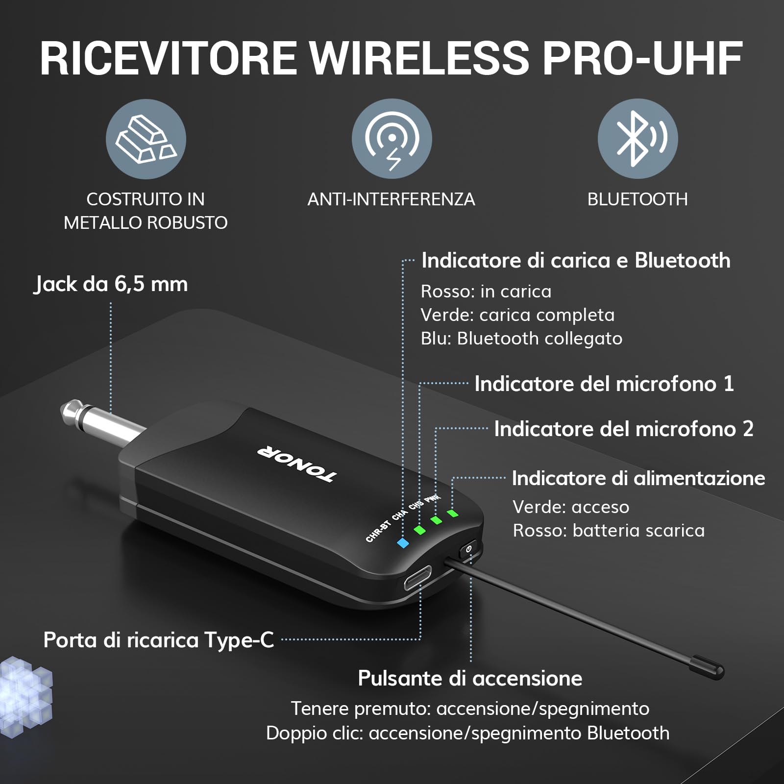 TONOR Microfono Wireless Professionale, Sistema Microfono Ricaricabile Bluetooth, Microfono Dinamico in Metallo UHF 2x25 per Karaoke, Chiesa, Canto, Matrimonio, Riunione, Mute con Clic, 100 M, TW720