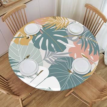 Tropical Palm Leaves Tablecloth Elastic Edged Round Fitted Table Cover Waterproof Table Cloth for Indoor Outdoor Dinning Fit 40 - 44 Table, Small
