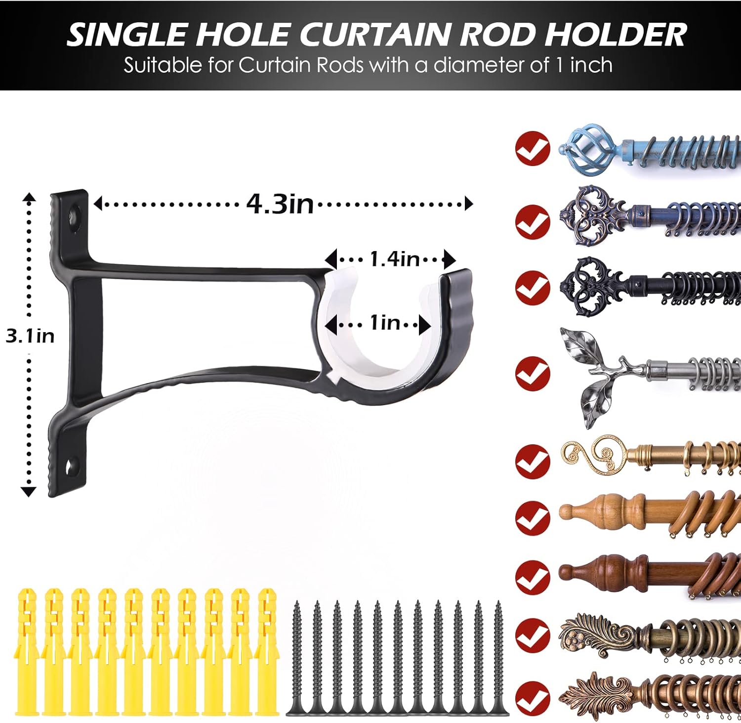 Tuanse 20 Set Curtain Rod Bracket Heavy Duty Holders Hooks Hangers Bulk for 1 Inch to 1.2 Inch Wall Single Window Drapery Rod Support with Screws(Black)