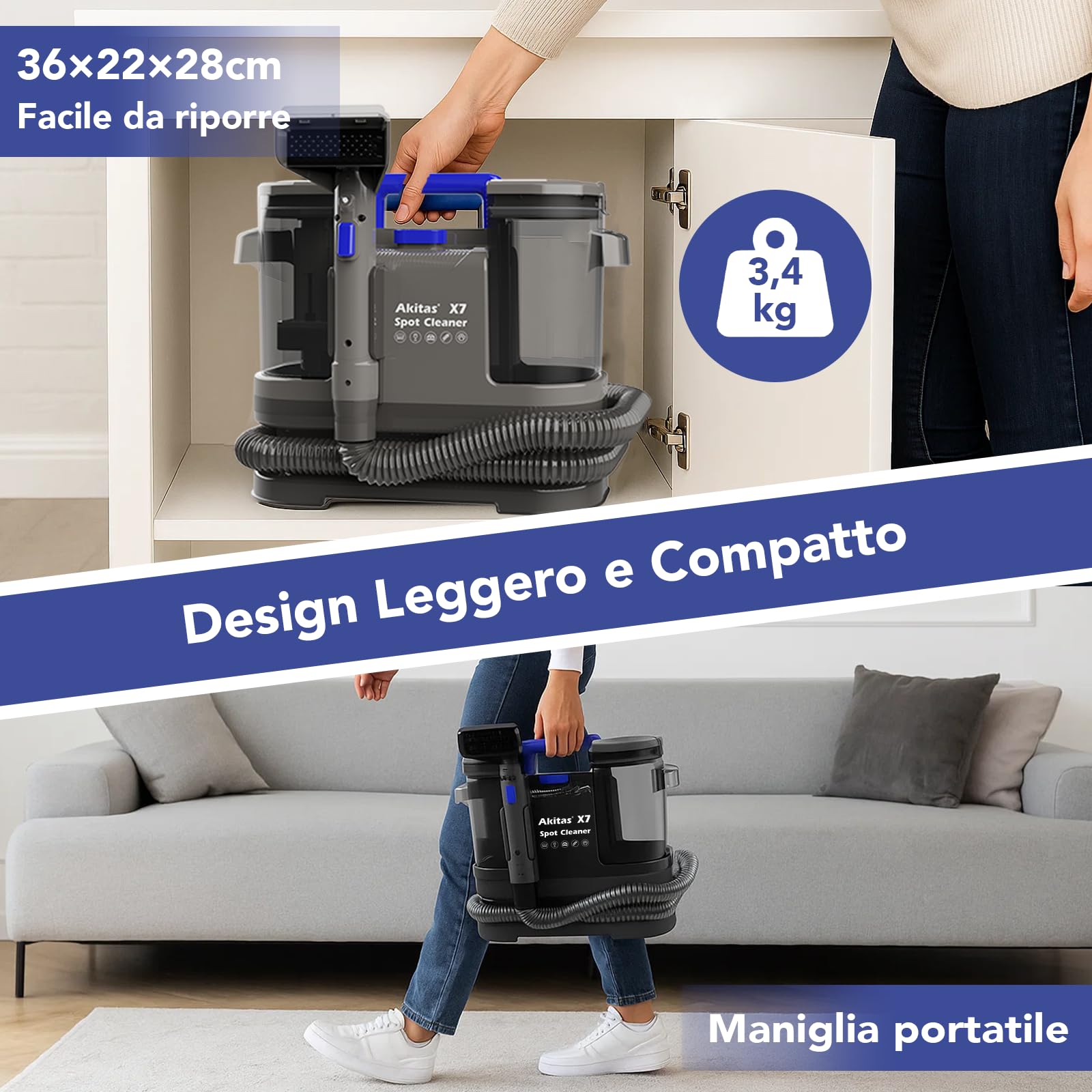 Akitas X7 600W Lavatappeti e Divani Lava e Asciuga, 14kPa Potente Aspirazione, Lava Tappezzeria per Auto, Moquette, Materassi, Serbatoio Doppio, Spazzola Autopulente