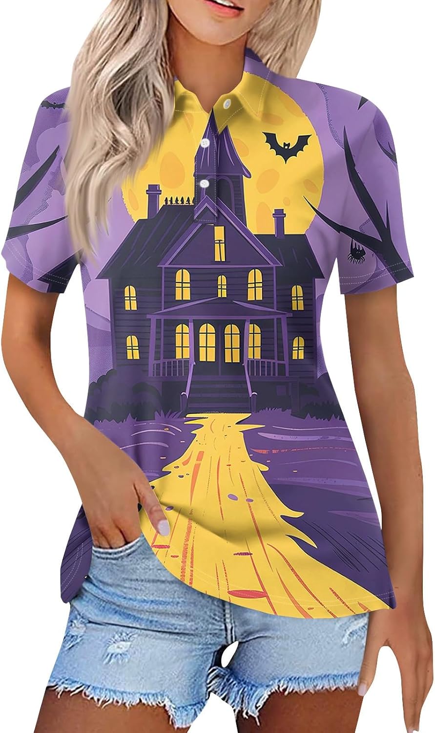 Women's Halloween Polo Shirts, Short Sleeve Funny Graphic Family Costume Tops, S-3XL