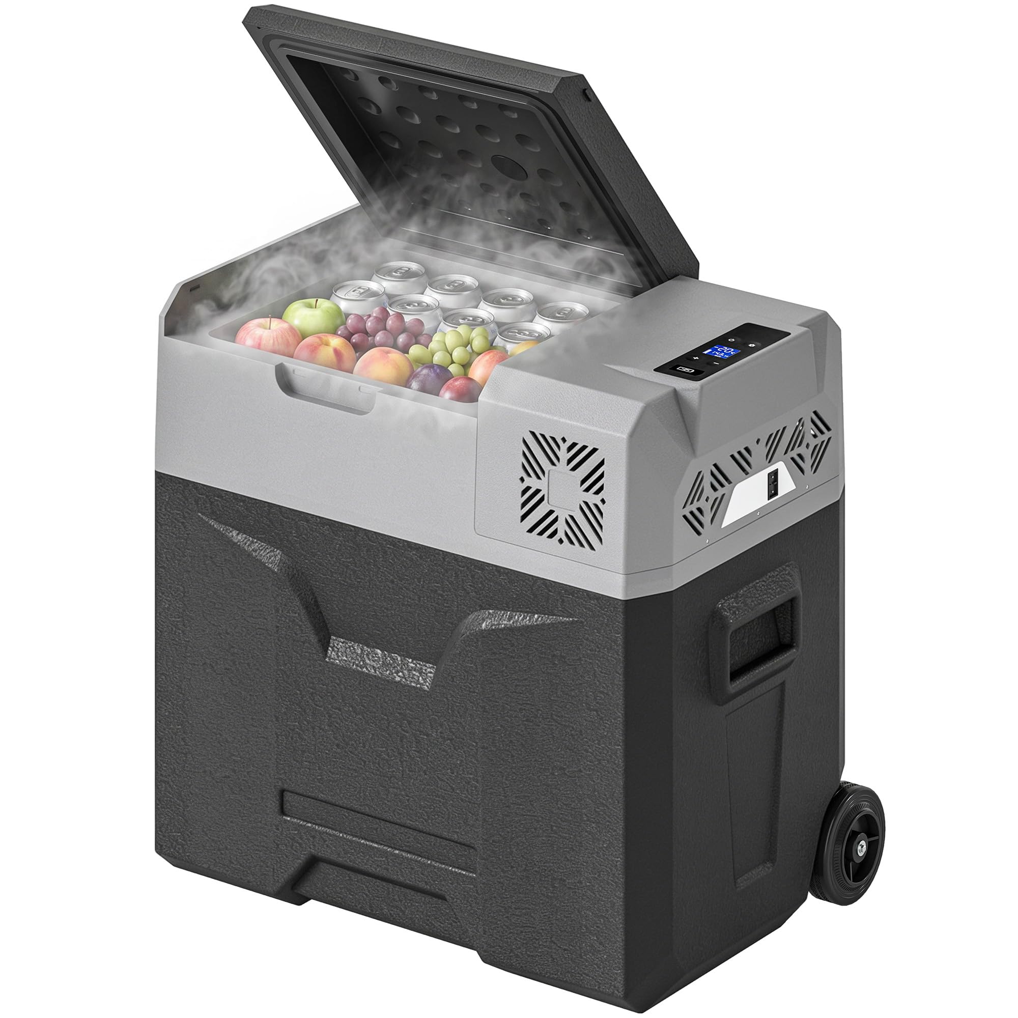 HOMCOM Frigorifero Portatile per Auto 50L 12/24V DC 110-240V AC, Frigo Portatile con Pannello Touch, Maniglia e 2 Rotelle, in Alluminio e Plastica, per Barca, Camper, 58.6x37.8x54.5 cm, Grigio
