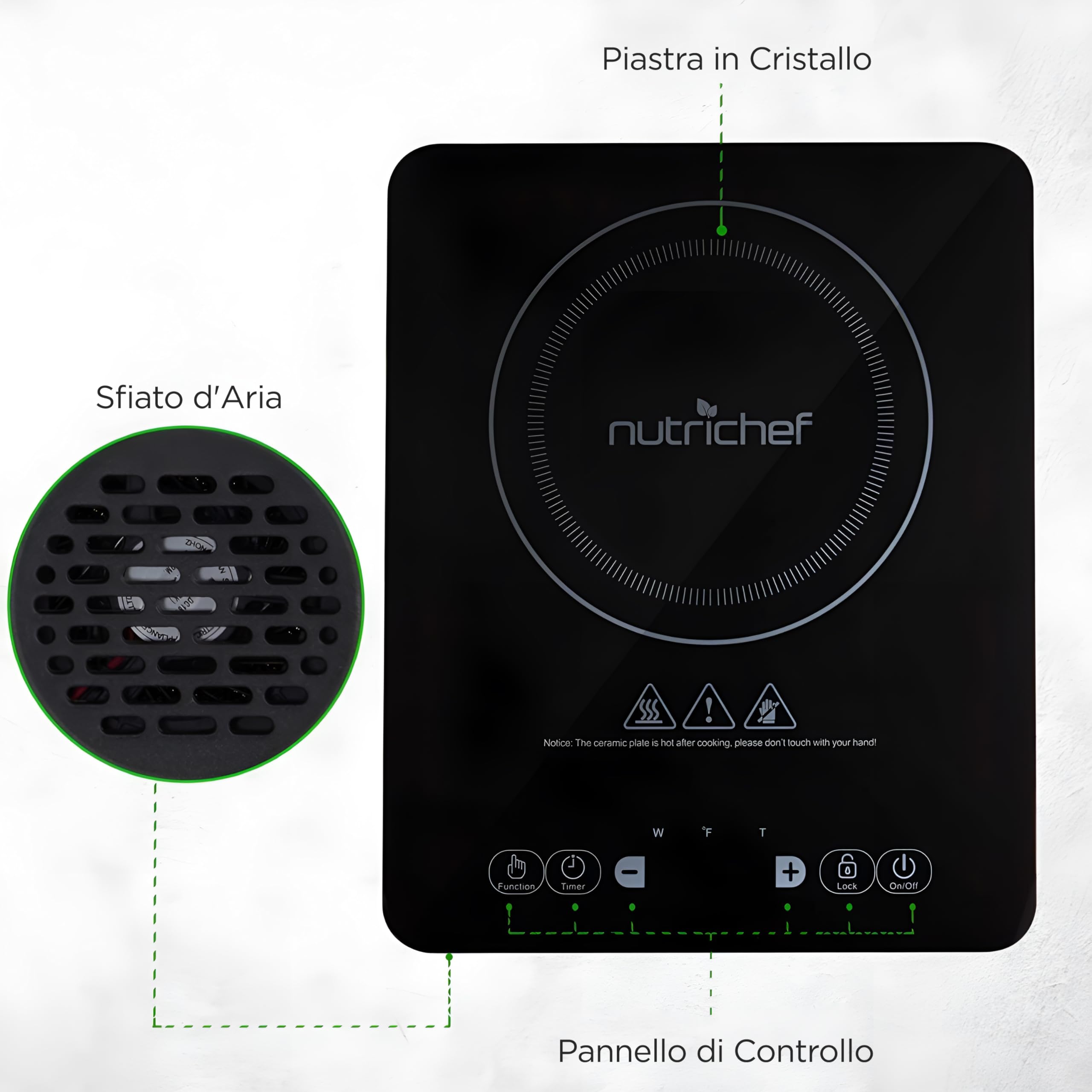 NutriChef - Piastra a Induzione in Vetroceramica - Piano di Cottura Portatile con Bruciatore Elettrico 2000 Watt