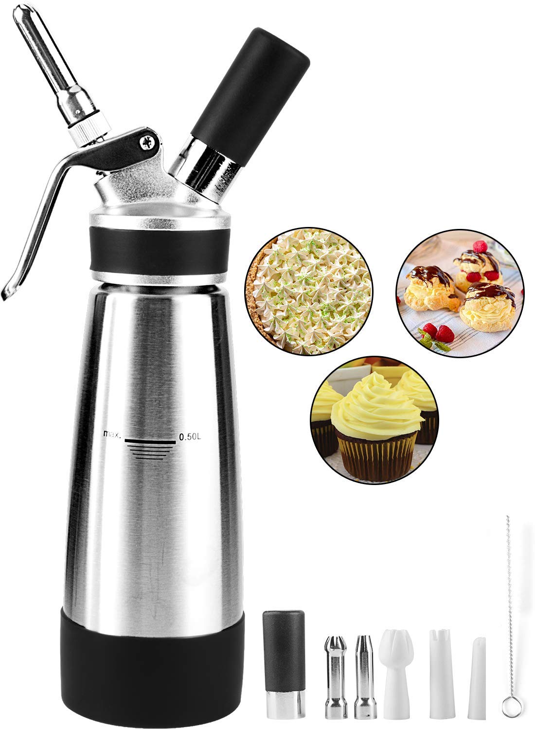 Whipped Cream Dispenser, 500ml Professional Stainless Steel Cream Maker With 3 Decorating Nozzles, U