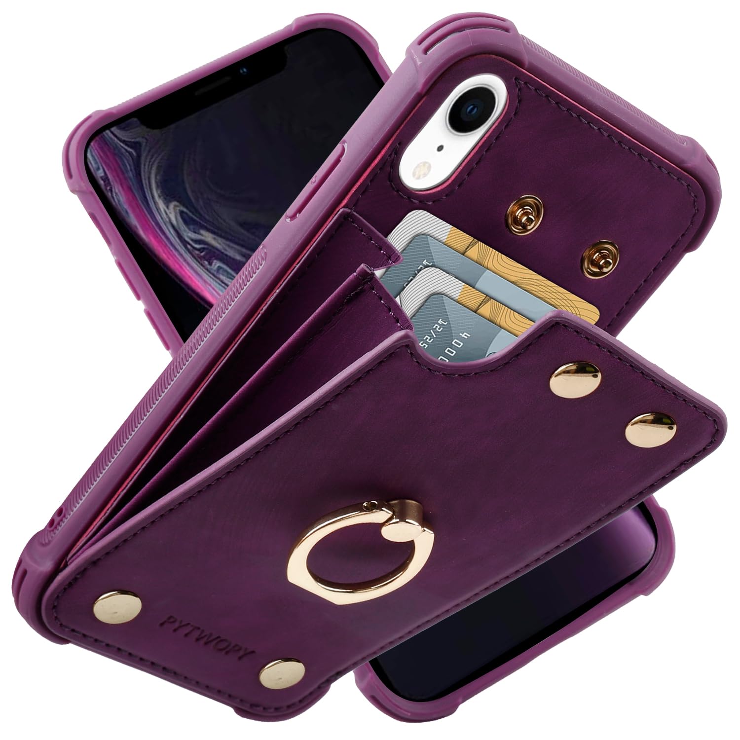 PYTWOPY Compatible for iPhone XR/10R Wallet Case with Credit Card Holder,Shockproof Protective Phone Cover Supports 360°Rotation Ring Stand and RFID Blocking for iPhone XR,iPhone 10R,Dark Purple