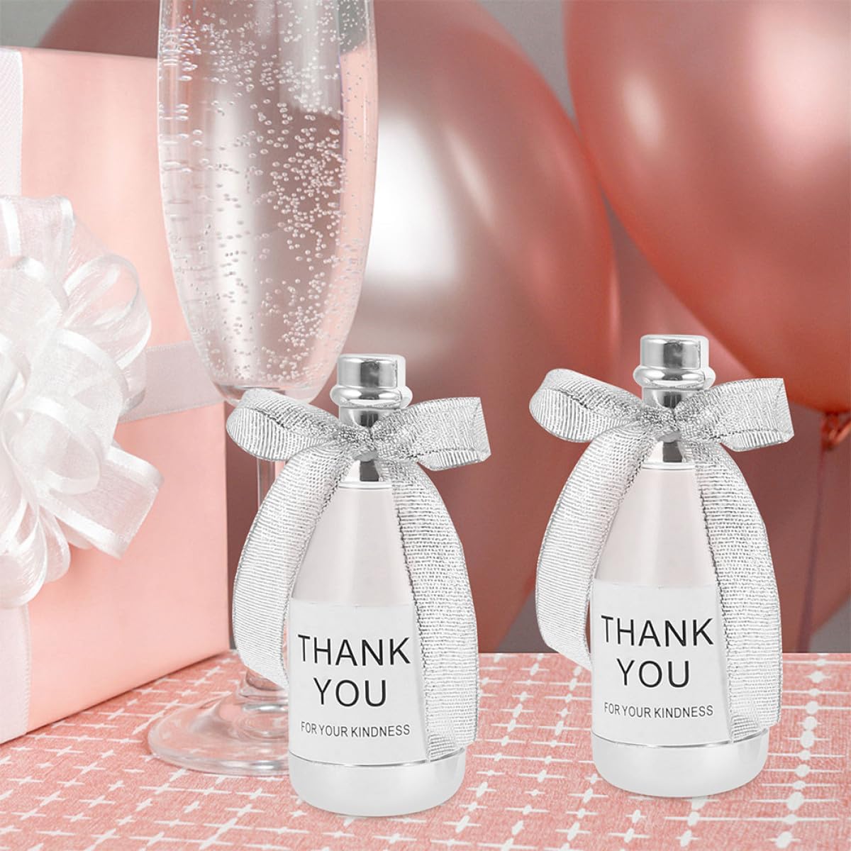 12pcs Mini Sparkling Wine Bottle Candy Boxes with Silver Ribbon and Card, Reusable Plastic Candy Favor Containers for Wedding Party and Guest Favors
