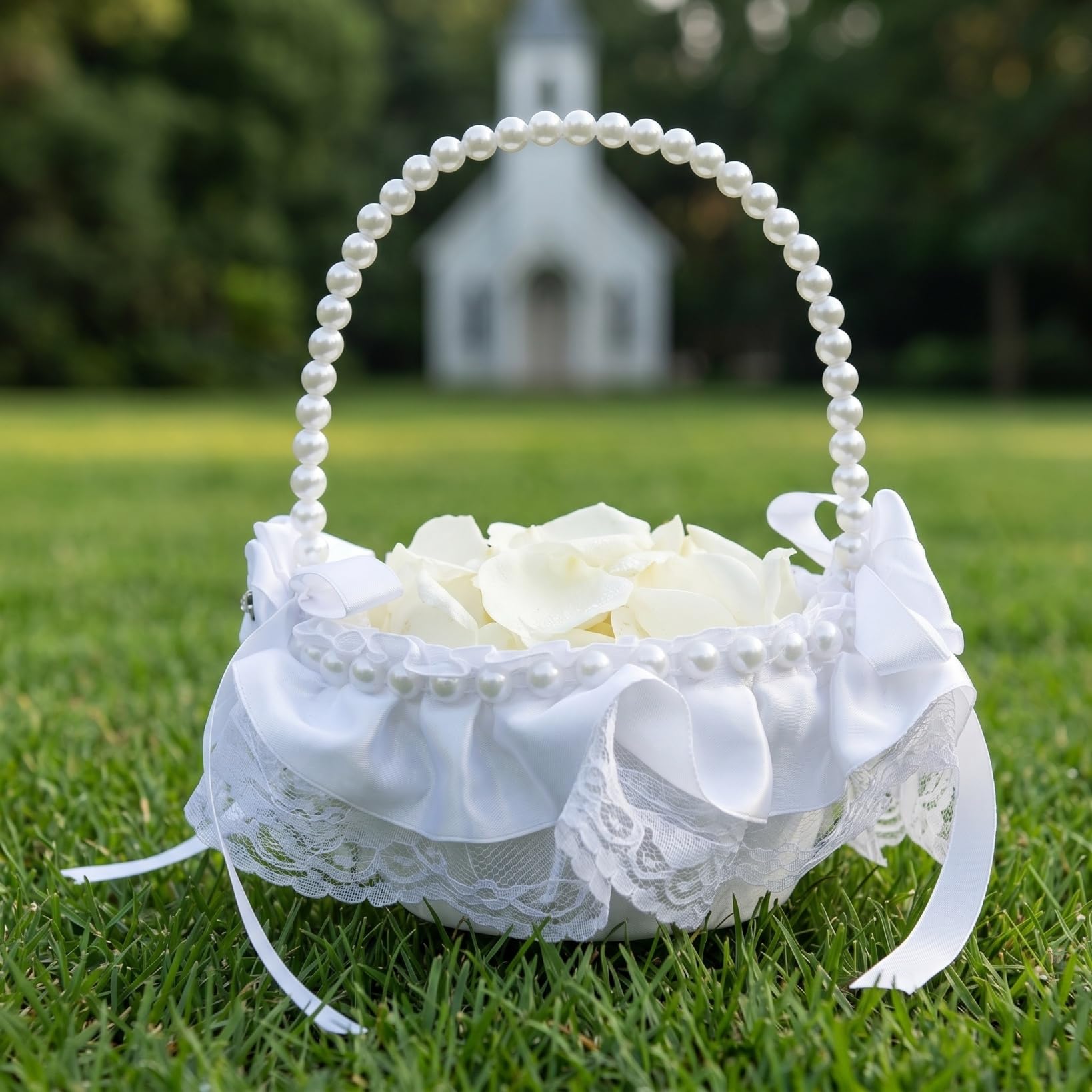 Vaguelly Blumenmädchenkorb Mit Perlenhenkel Und Spitzenverzierung Kleiner Blumenkorb Für Hochzeit Vielseitig Für Blütenblätter Und Süßigkeiten Praktisch Für Festliche Anlässe