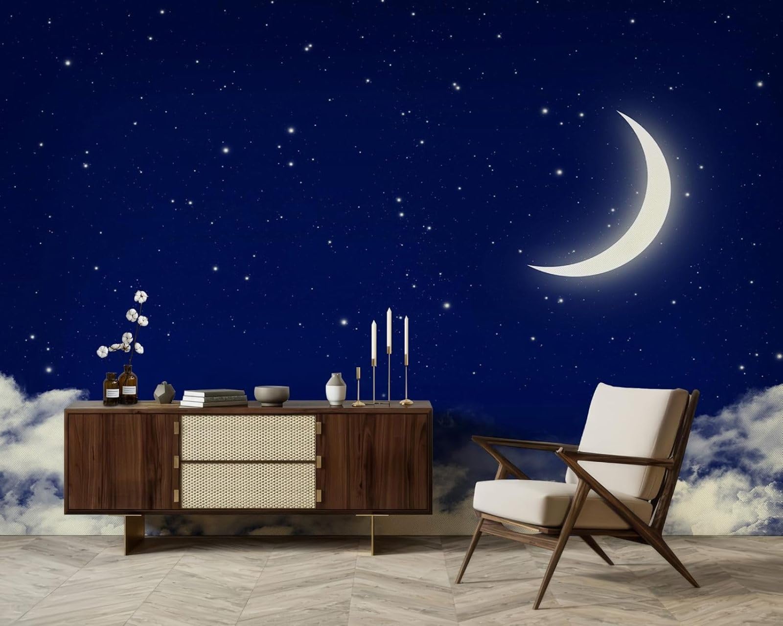 Cielo notturno Luna Stelle Nuvole in tessuto non tessuto moderna per pareti Soggiorno Camera da letto Camera dei bambini Decorazione murale Motivo Carta
