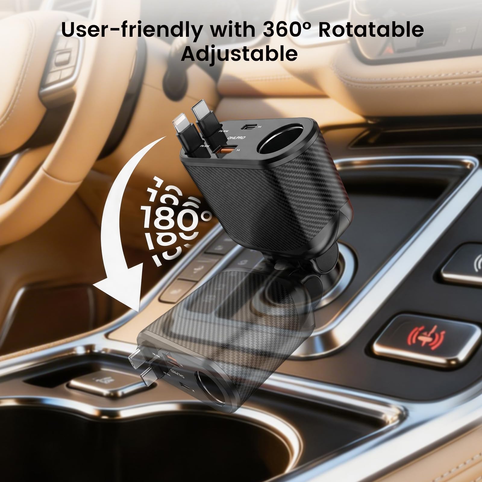 OHLPRO 5 en 1 Chargeur de Voiture Retractable, 168W Multi Prise Adaptateur Allume Cigare USB C, 5 Ports Dual Cable Rapide Charge PD3.0 Allume, Compatible avec iPhone,Samsung, Xiaomi, GPS, Tablette