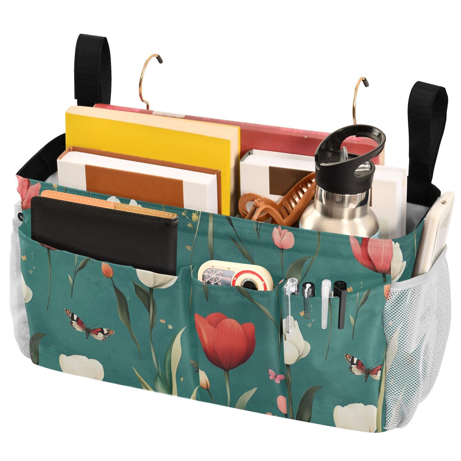 FRODOTGV Aesthetic flower Teal Bedside Caddy Hanging Organizer Bags with Big Pockets And Bottle Holder for Bedside Shelf and Bunk Bed Shelf, Bed Caddy for Home, Dorm, Bunk