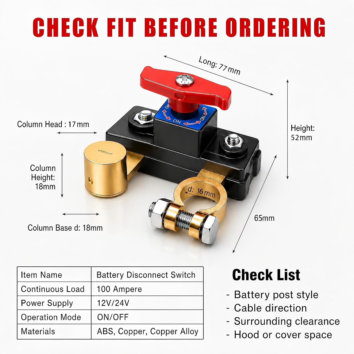 Car Battery Disconnect Switch 12V/24V 100A, Pure Copper Rotary Manual Battery Cut Off Switch for Car Truck RV Boat Trailer