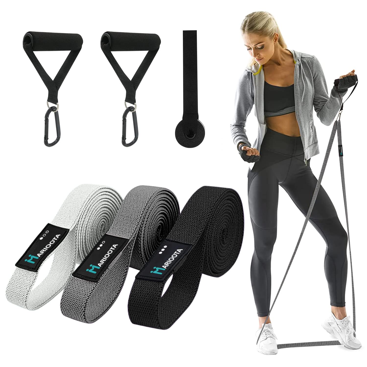 MARIOOTA Lange Stoff Fitnessbänder 3 Verschiedene Widerstandsbänder Set Tragebeutel mit Griffen & Türanker, Resistance Bands für Männer/Frauen, Premium Lang Fitness Band (GRAU - DUNKELGRAU - SCHWARZ)