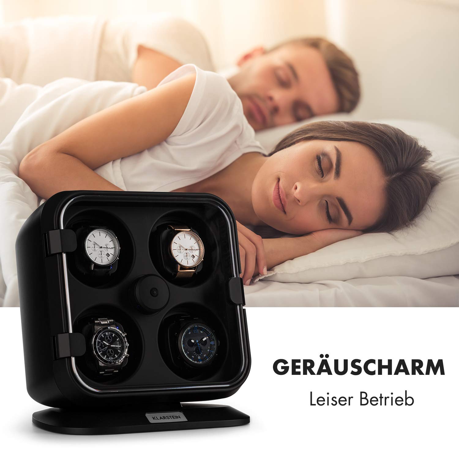 Klarstein Uhrenbeweger für 4 Uhren, Automatik für Damen & Herren, für Automatikuhren, Leiser Automatischer, Watch Winder Mit LED-Beleuchtung, 3 Rotationen