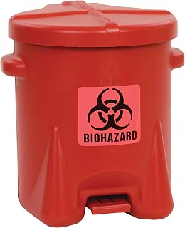Eagle 6 Gallon Biohazard Trash Can with Foot-Operated Self-Closing Lid, 16.5" x 13.5" x 16", Made in The USA from High-Density Polyethylene, Red, 943BIO