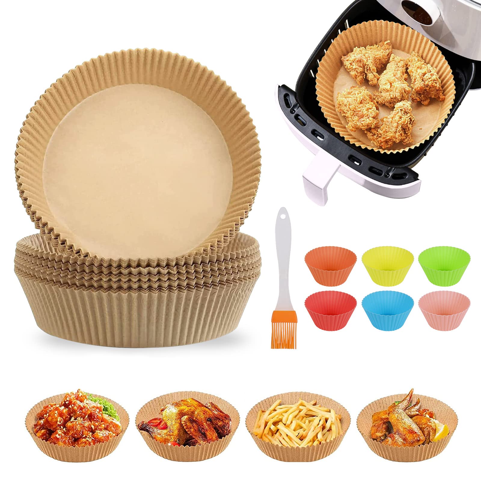 Air Fryer Liner Paper,OKYUK 100Pcs Non-stick Disposable Air Fryer Paper Pads,Disposable Fryer Paper Pads with Silicone Brush,Silicone muffin cup for Baking, Cooking,Grilling, Frying
