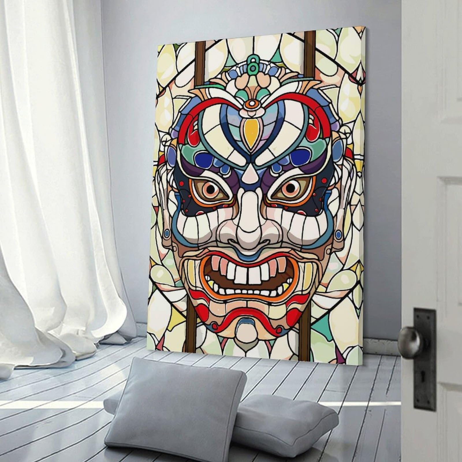 Junmoney Frame-Style-12 Stained Glass Japanese Mask Hanging Wall Art, 20X30inch(50X75cm), For Bedroom, Guest Room Or Reading Nook, Home Artwork With A Soft Interior Feel