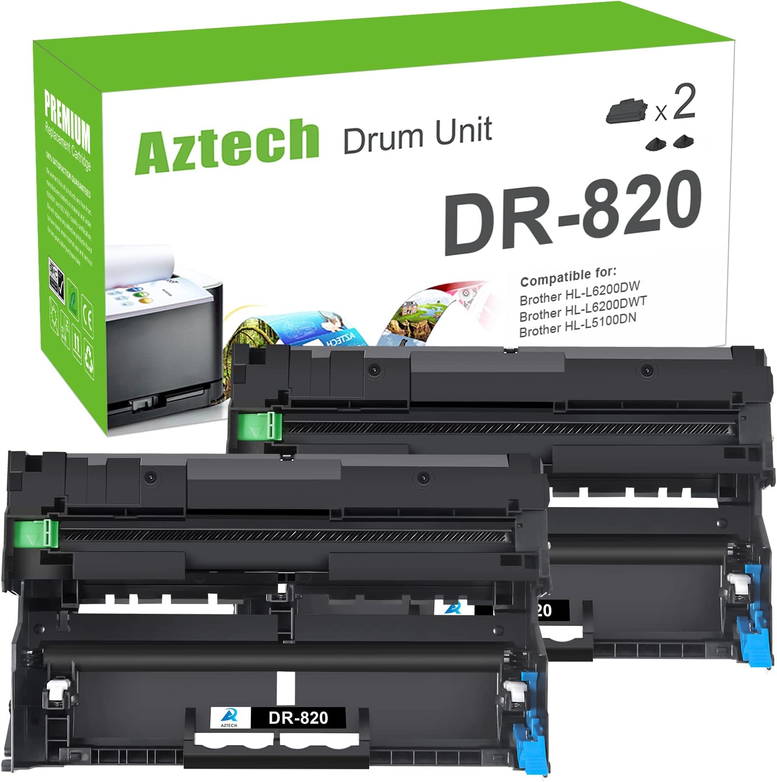 A Aztech AZTECH 2PK 30000 High Yield Drum DR820 DR-820 DR 820 Drum Unit HL-L6200DW MFC-L5900DW Compatible Brother HLL6200DW HL-L6200DWT HL-L5100DN HL-L5200DW MFC L5850DW L6800DW Laser Printer Drum Uni