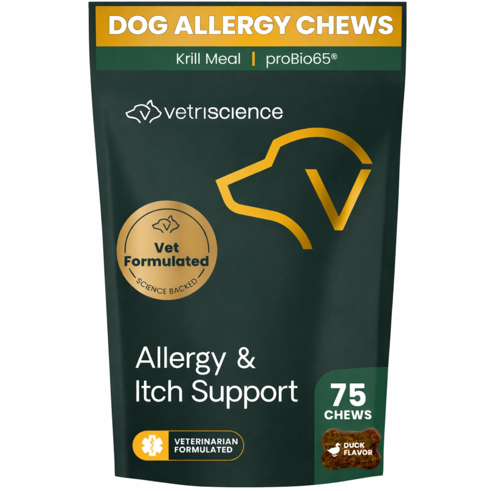Allergy & Itch Support Chews, Allergy Plus Skin Supplement for Dogs, Allergy Chews for Itching, Scratching, and Licking, Support Skin and Immune Health, Duck, 75 Count