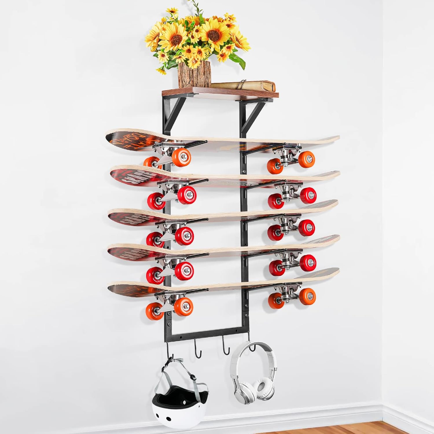 Skateboard Wall Mount Skateboard Rack FiveLayer Skateboard Stand with 4 Hooks for Deck