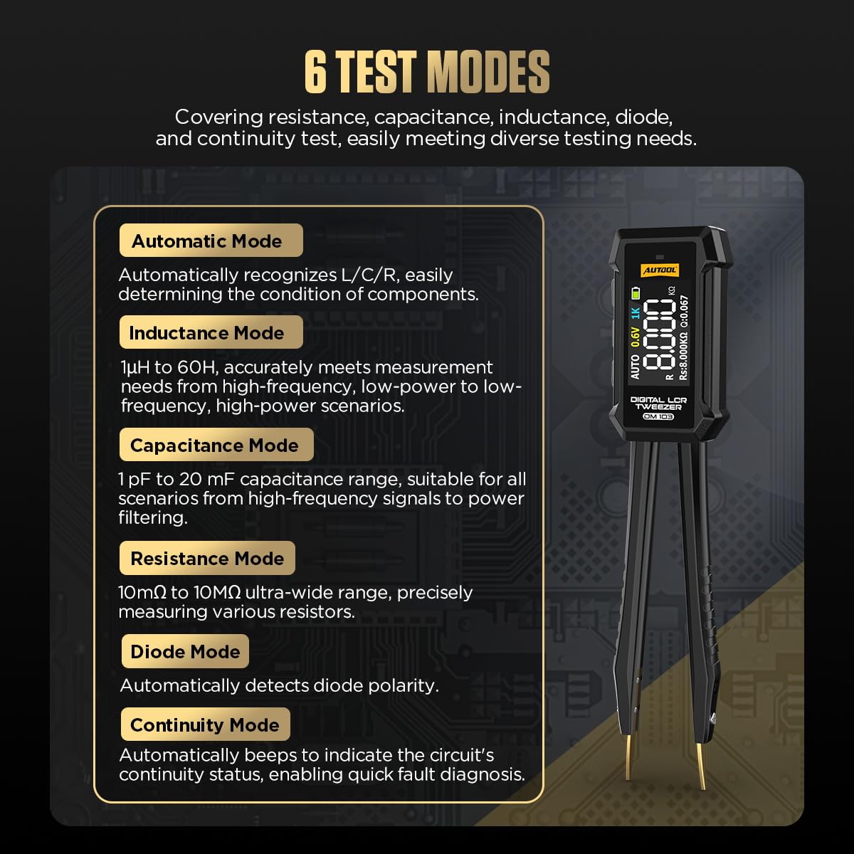 AUTOOL DM103 Digitale LCR-Pinzette, 6-in-1-SMD-Tester, wiederaufladbar, Widerstandsmessbereich 10 mΩ–10 MΩ, Kapazitätsmessbereich 1 pF–20 mF, Induktivitätsmessbereich 1 µH–60 H