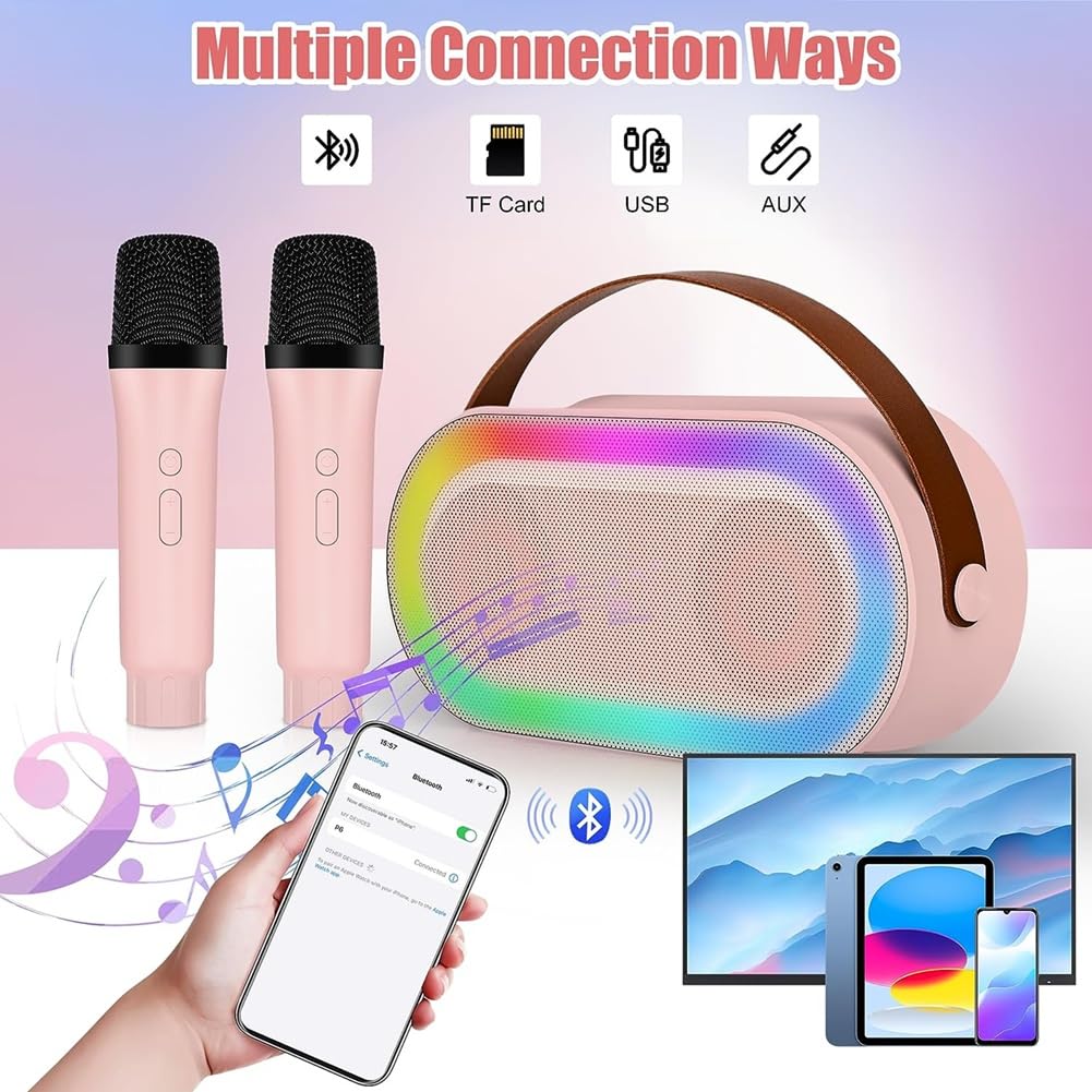 Mini Karaoke, przenośny zestaw głośników Bluetooth z 2 mikrofonami bez i światłami LED (różowy)