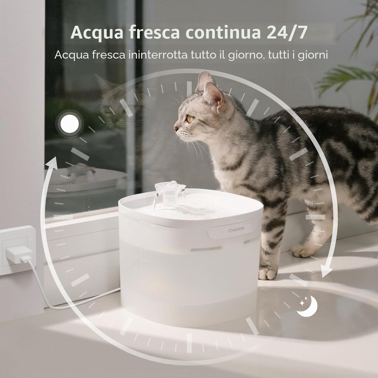 Cheerble Fontana per Gatti 2L - E1 Lite, Fontana Ultrasilenziosa Senza Pompa con Tecnologia MagDrive™, Filtro a Carbone Attivo - Distributore d'Acqua con Flusso Continuo, per Più Animali Domestici