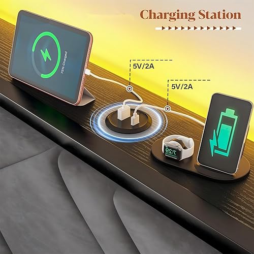 Miniatura 7 de EnHomee Base de cama Queen con 6 cajones de almacenamiento y luces LED, marco de cama tamaño Queen con cabecera tapizada y estación de carga, sin