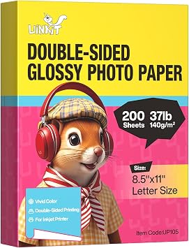 Uinkit Photo Paper Glossy Double Sided 8.5x11 Inkjet 37lb 140gsm Dye ink Thin Photo Picture Flyer Calendar Magazine CD Cover letter 200, 8.5 x 11 x Glossy