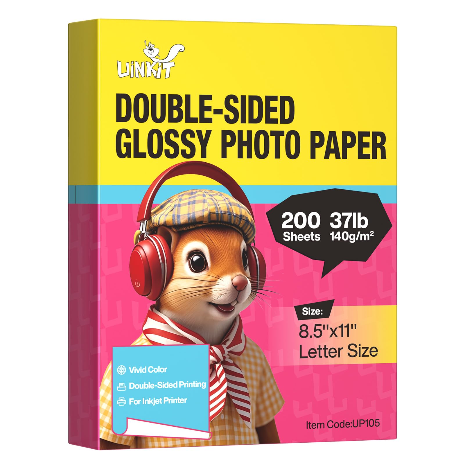 Uinkit Photo Paper Glossy Double Sided 8.5x11 Inkjet 37lb 140gsm Dye ink Thin Photo Picture Flyer Calendar Magazine CD Cover letter (200, 8.5 x 11 x Glossy)
