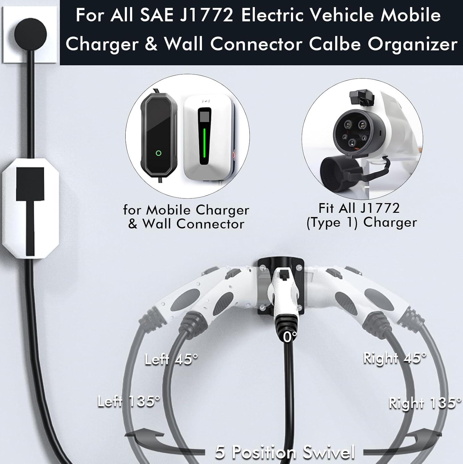 EV Charger Holder Wall Mount J1772 Holder for BMW Audi Ford Kia Rivian Volvo Gm Electric Vehicle Car, Swivel J1772 Plug Holster Dock (J1772-306)