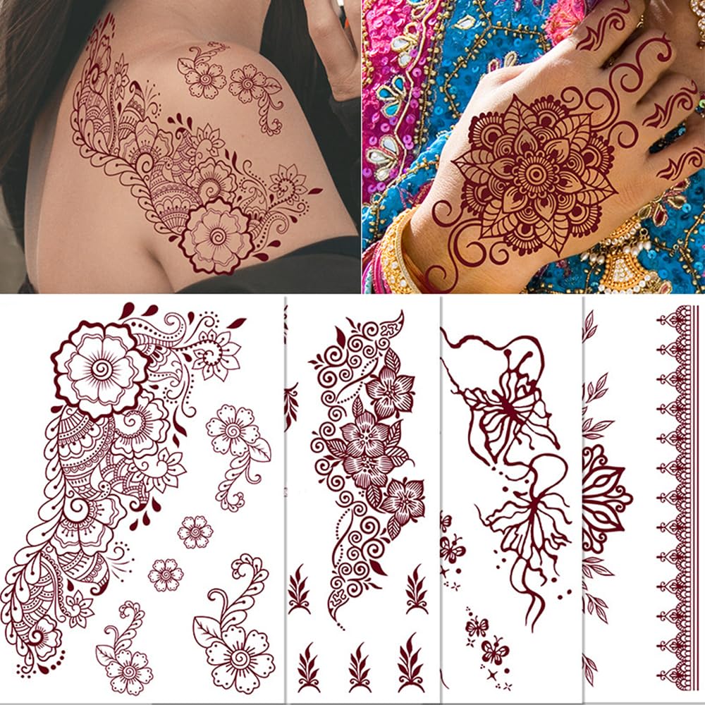 9 Pcs Henna Tattoo Kit Temporary Tattoo Adult Stickers Lace Pattern Fake Tattoos Henna Sticker for Women Girls DIY on Body Face Arms Legs Brown