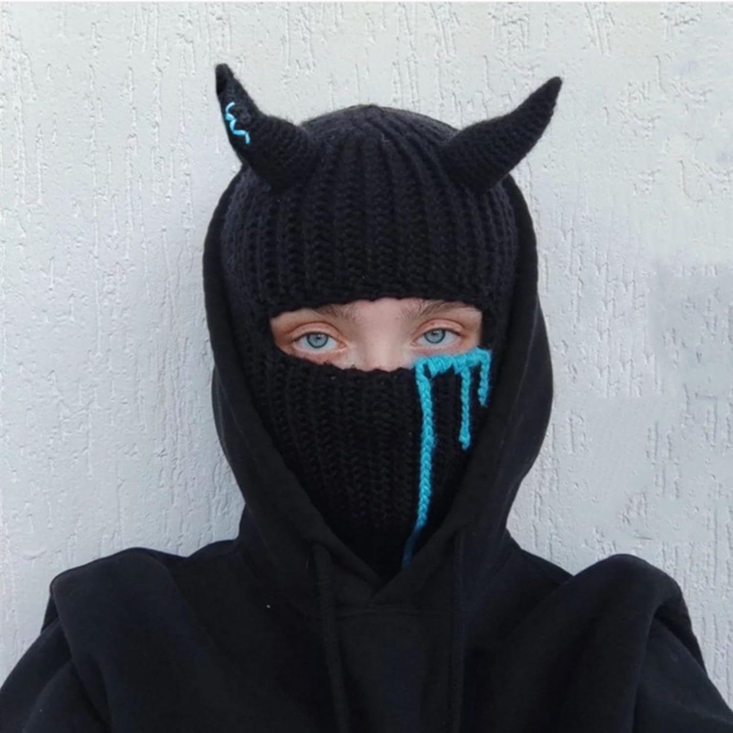 Funny Horns Knitted Hat Beanies Warm Full Face Cover Ski Mask Balaclava Hat for Men Women Knit Skull Beanie Halloween