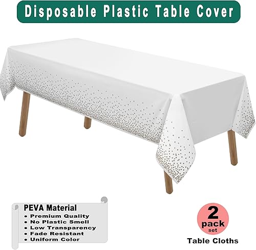 Miniatura 2 de PARTY ULYJA Manteles de plástico con confeti de lunares dorados, paquete de 2 manteles desechables blancos para despedida de soltera, manteles de 54