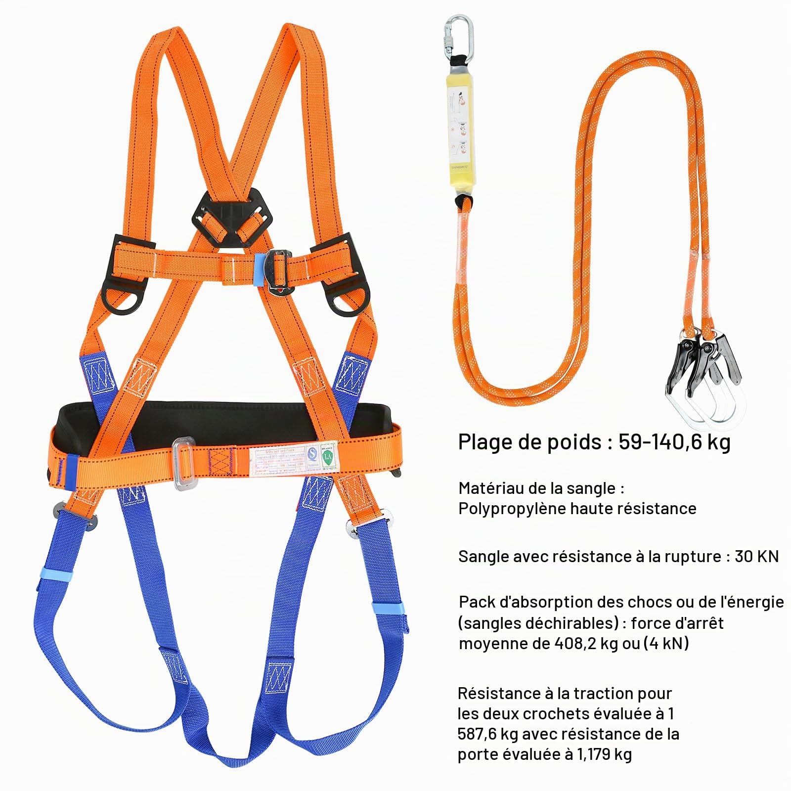 Harnais de sécurité anti-chute - 5 points - Avec corde de sécurité - Tampon pour l'extérieur, l'escalade des arbres, l'alpinisme, les services de secours