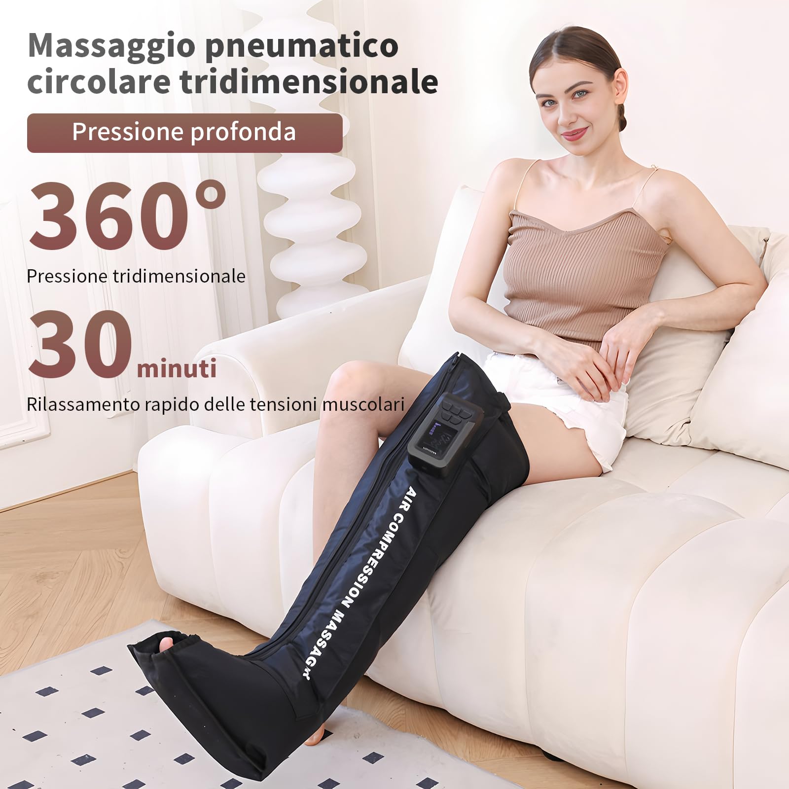 Stivale Compressione Senza Fili Gamba Singola – Massaggiatore Aria Batteria, Pressione 20-110 mmHg, 4 Programmi, Circolazione Sanguigna