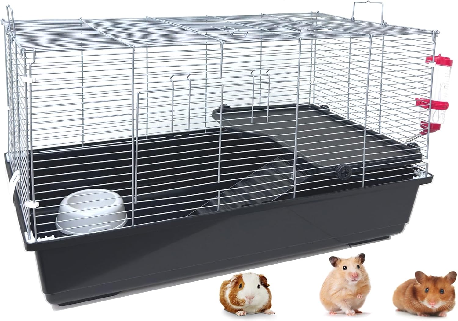 My First Home Large Two-Level Universal Habitat Narrow 3/8-inch Bar Spacing for Exotics Pet Guinea Pig Hedgehog Hamster Gerbil Rat Mice Rodent Silver/Black 2 Extra Large