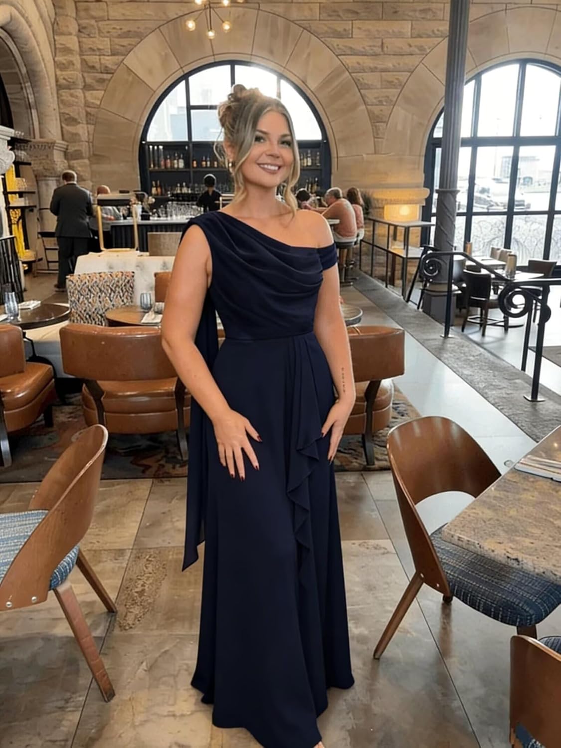 Off Shoulder Chiffon Bridesmaid Dresses for Women 2026 Ruffles Long Formal Gowns for Wedding Guest with Slit