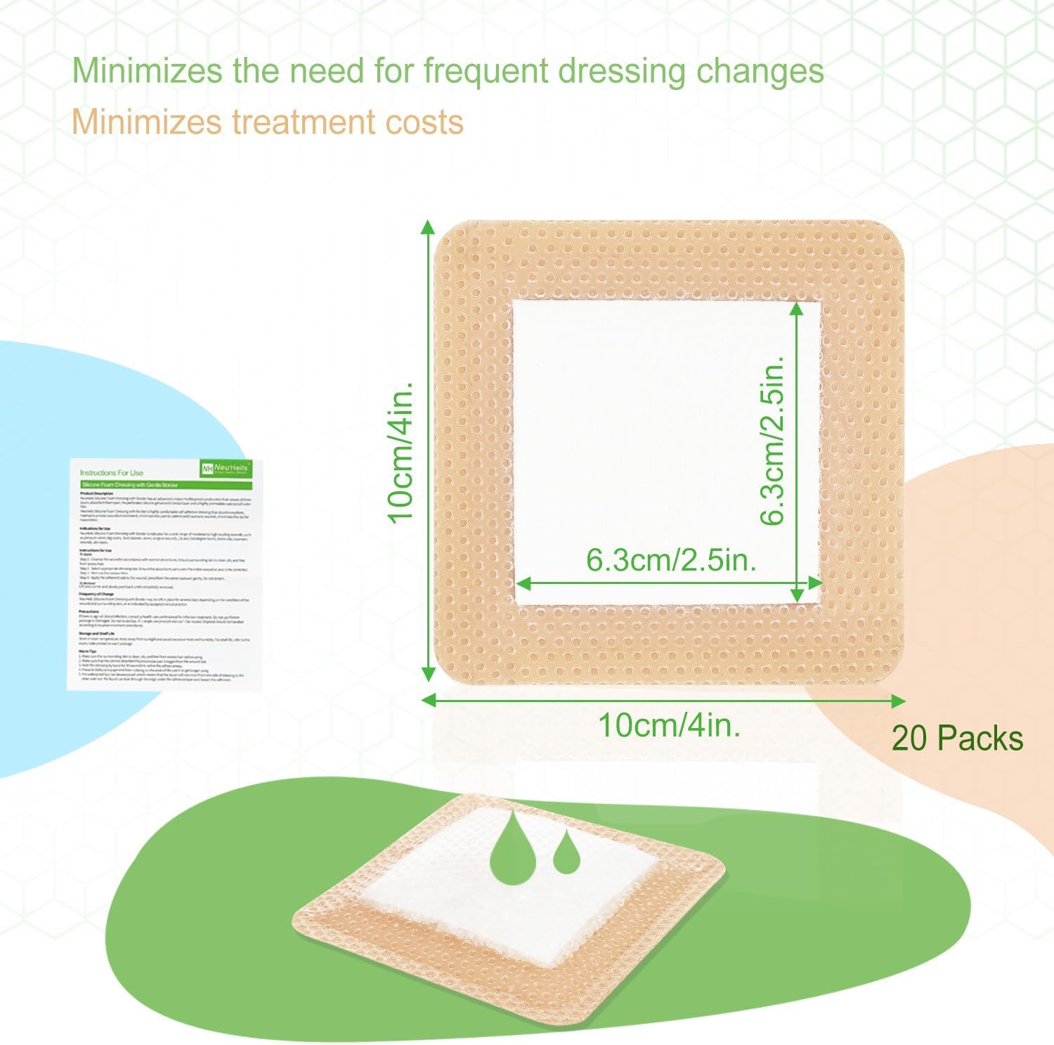 NeuHeils Silicone Super Absorbent Wound Dressing 4''x4'' 20 Packs, Self-Adhesive Waterproof Bandage with Ultrasorb Pad for Heavy Exudates Wound, Soft Gauze Island Dressing - Image 6